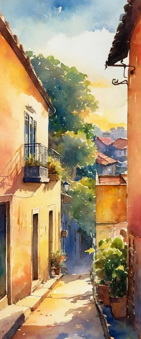 (watercolor), landscape, ennui, afternoon sun, sunset, south america, residential street, out of the window, soft colors, warm l...