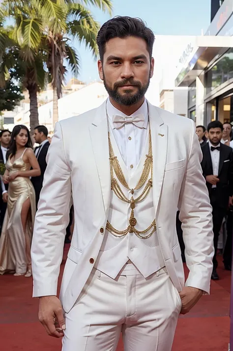 A white tuxedo with gold vines that grow across the fabric. Worn by a beard man. Background of the Cannes festival red carpet.