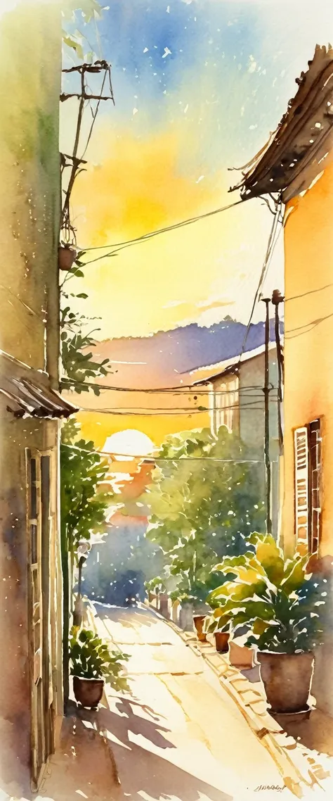 (watercolor), landscape, ennui, Afternoon sun, sunset, South America, Residential Street, Out of the window, Soft colors, Warm Light, Soft Shadows, Nostalgic, Soft brush strokes, delicate, Vaguely, 夕sunset, Silence, melancholic, transition period, Vibrant ...