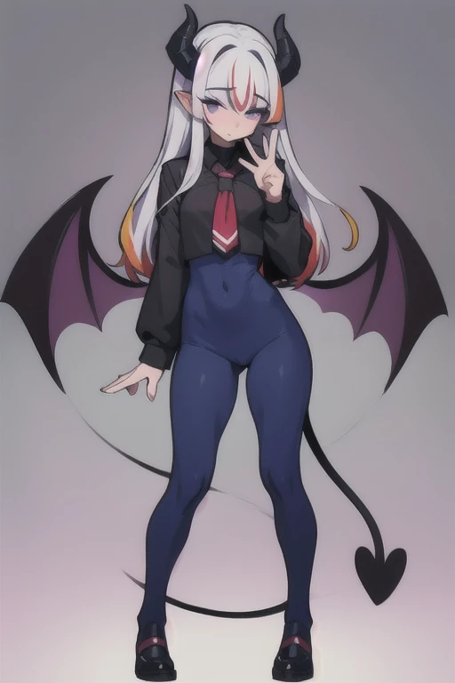 Complete body Vampirewings Peeled purple simple style color Demon girl hay horns anime 2d, (multicolor hair: purple and black), small eyes Boku no hero posecompleta tail Boku no hero costume Boku no hero style, adult appearance, young older, stand up, stan...