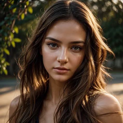 a close-up portrait of a beautiful young woman, detailed facial features, full lips, flowing hair, serene expression, golden hour lighting, soft focus, delicate skin, natural beauty, high quality, photorealistic, cinematic.