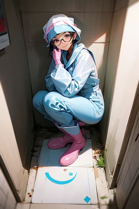 Wearing large pink rubber gloves, white rubber boots and a white cloth wrapped around her head、A mature woman with black hair and glasses wearing a blue long-sleeved jumpsuit cleans a dirty public toilet in a park with a gentle smile