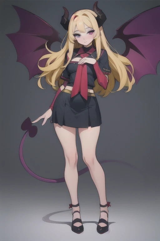 Complete body Vampirewings Peeled purple simple style color Demon girl hay horns anime 2d, (multicolor hair: middle white middle purple), small eyes Boku no hero posecompleta tail Boku no hero costume Boku no hero style, adult appearance, young older, stan...