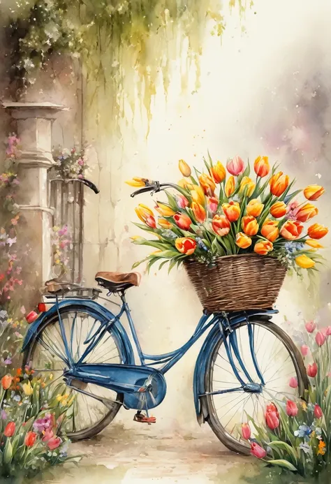 masterpiece, beautiful detailed ultra high definition beautiful art with a beige bicycle，a bicycle with a basket of flowers in f...