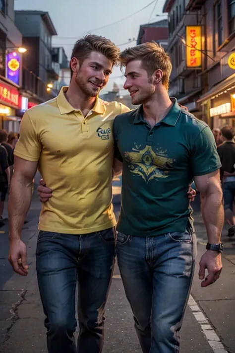 photo-realistic. a tall, muscular, handsome, 24-year-old jock, with orange hair, stubble, and green eyes, wearing a teal, graphi...