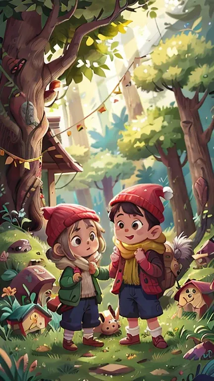 Girl and boy standing in the forest,Wooden house personification,hapiness，rejoice, Knitted hat, A glittering door in the middle of a meadow, Luminous doors, Vista, Door leaf, Perfect quality，Be focused（Clutter - Home：0.8）， （masterpiece：1.2） （realistically：...