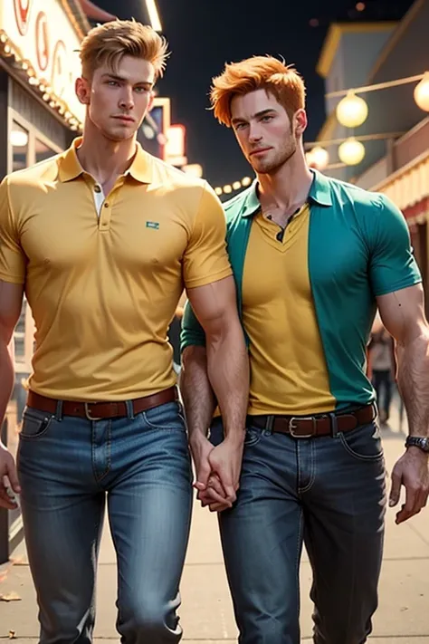 Photo-realistic. A tall, muscular, handsome, 24-year-old jock, with orange hair, stubble, and green eyes, wearing a teal, graphic T-shirt, and jeans, arm around a fit, handsome, 30-year-old, man with short, shaved, brown hair, stubble, and blue eyes, weari...