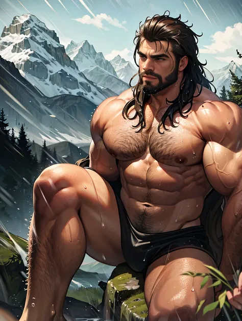 Muscular barbarian, bare upper body, legs uncovered from thighs to toes, detailed muscular physique, realistic representation, 4K resolution. Background: wild and untamed nature with rugged mountains, 32k uhd, best quality, masterpiece, super details, high...