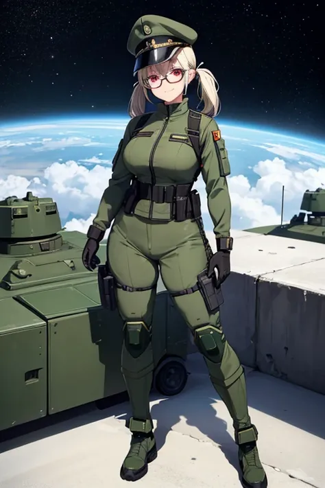 Anime drawings、Full body portrait、Space Sci-Fi Soldier、A curvy female soldier, standing upright, about 185cm tall, about 48 years old, wearing a dark green military uniform with protective gear.、Smiling with mouth closed、Her hairstyle is twin tails.、Platin...