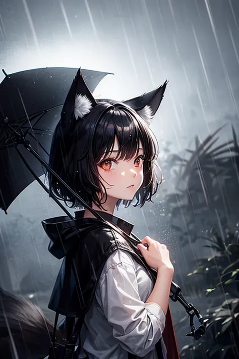 A short, black-haired girl with fox ears and rain