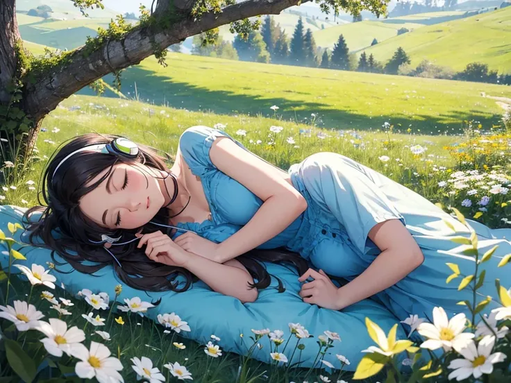 italian scenery、beautiful illustrations, highest quality, A cute girl wearing headphones and listening to music while sleeping with her eyes closed in the meadow