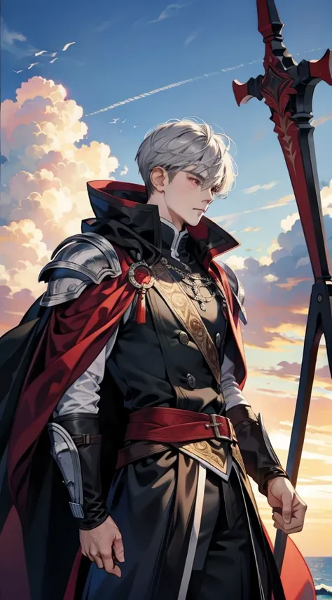 tmasterpiece，Need，Ultra-high resolution，shoun，Black armor，Cloak，musculature，(Short silver-gray hair)，red color eyes，Libido boy,scales，Clouds