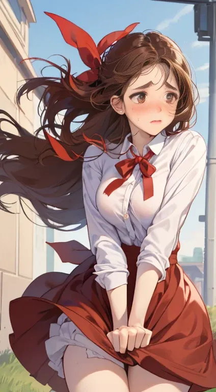 1womanl,Brown hair,Red ribbons ,((Impatient expression)),Beautiful breasts,White shirt,Red dress,well-styled,,(Facing the front)(((Blushing cheeks、embarassed expression)),(((The skirt is rolled up by the wind)))