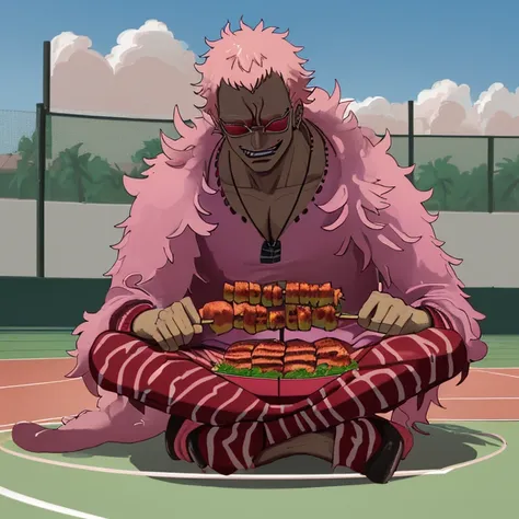 Doflamingo grilling kebabs on the tennis court