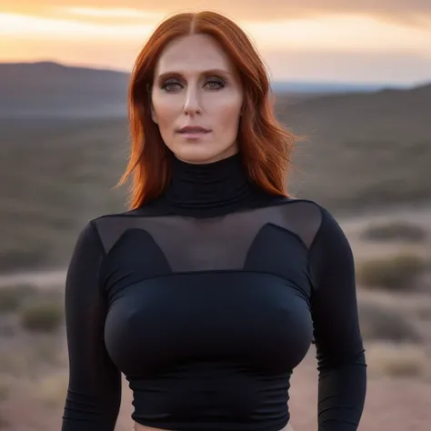 AudreyFleurot1024 (upper body), wild head in the wind, (braless wearing black turtleneck sheer cropped top)1.3, (huge natural breasts)1.2, (pokies), mountain, sunset, detailled eyes, photography, highly detailed, sharp focus, trending on artstation, studio...