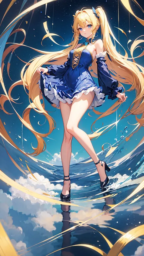 1girl, curly twintail hair, blonde hair, blue eyes, blue elegan dress, stocking, standing on one leg pose, with beautiful background