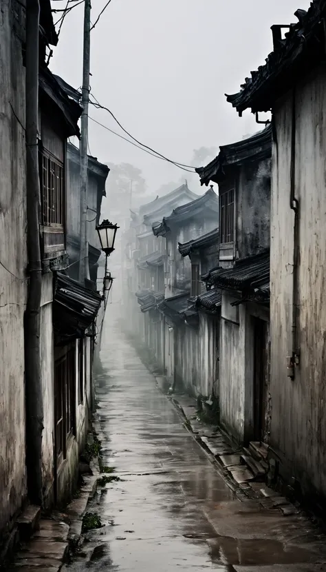 (watercolor), landscape, ennui, cloudy, residential area in china, village, danger, senior, pale colors, fog, silence, melanchol...