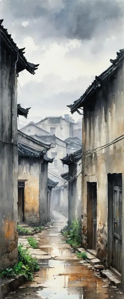 (watercolor), landscape, ennui, cloudy, residential area in china, village, danger, (senior), pale colors, fog, silence, melanch...