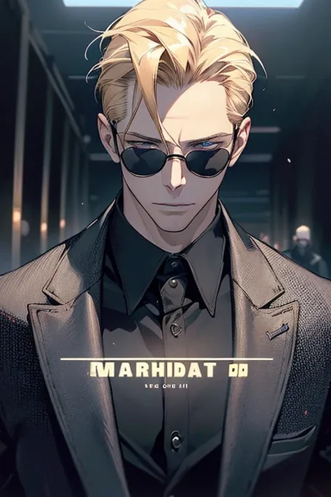 ((best quality)), ((masterpiece)), (detailed) fan art of evil blond man (guy pearce) in a pitch black suit emerging from the sha...