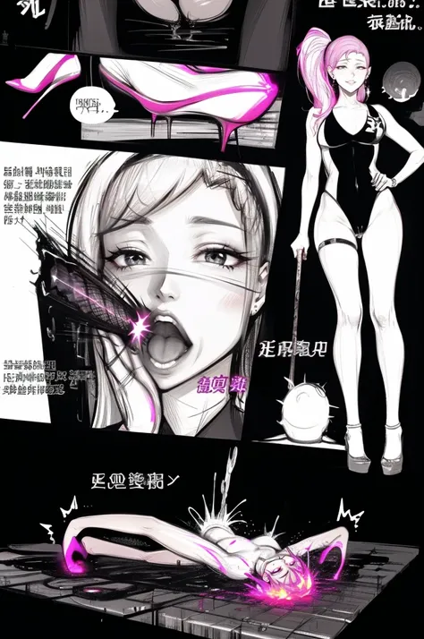 comic storyboard:2, axially symmetrical:2,1 beautiful korean lady in a sexy leotard and sexy leggings，solo，legging chain， holding hiny, with a smile, skewering many sausages with metal sticks and drenched with white cream, front view, fullbody， ((Best qual...