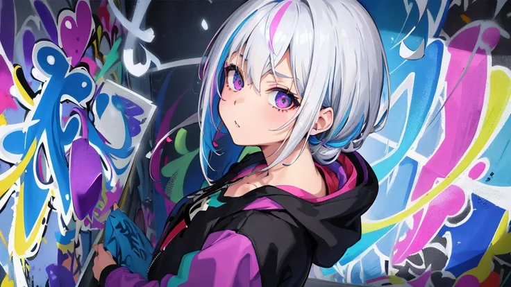 masterpiece, high quality, High resolution, Absurd, Very detailed, 8k, One girl, platinum gray hair, Blue Hair, Multicolored Hair, Gradient Hair, View your viewers, Colorful eyes, Colorful hoodies, (Graffiti mural wall background:1.15), brightly colored pa...