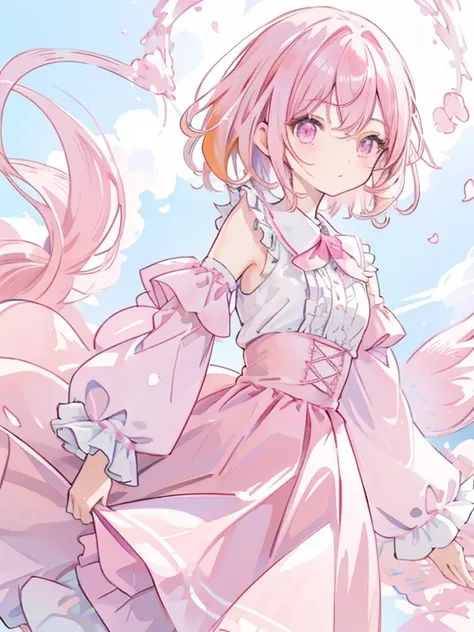 Pink Hair　Pink Eyes　Hairstyle is short perm　Light blue ruffle shirt　The sleeves flare out from the elbow to the wrist.　Pink long skirt　１People Girl　