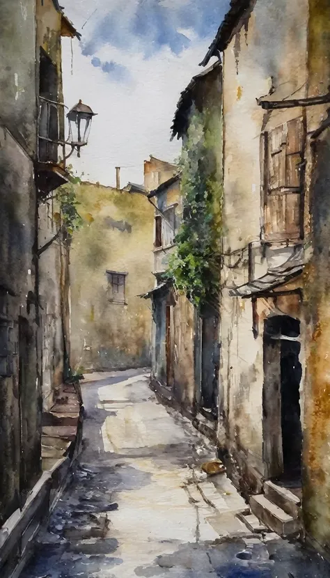 ((watercolor)), landscape, blurred, ennui, cloudy, china, residential street, village, danger, (senior), (intensive), alley, fog...