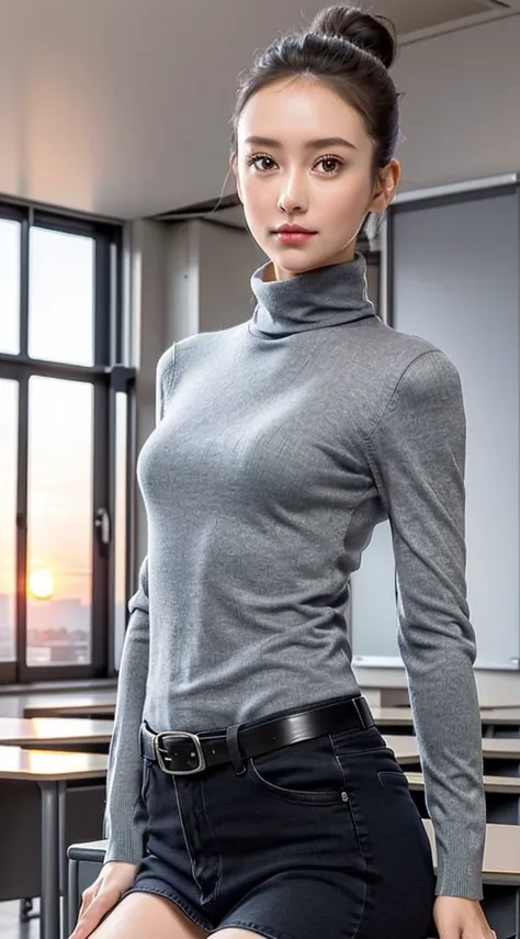 best quality, masterpiece, (Practical:1.2), young woman,a teacher,Above the waist, modern style, Delicate face, delicate eyes, Detailed Brunette Bun,Strict expression, Delicate skin, (Detailed gray turtleneck long-sleeve sweater:1.2),(Look at the audience,...