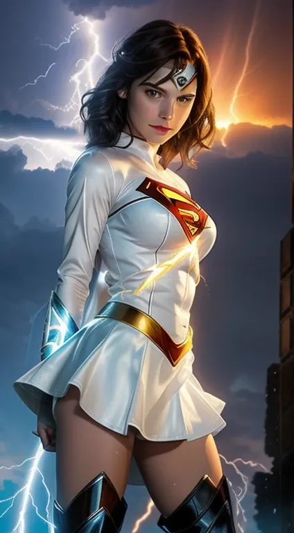 un primer plano de una mujer con un disfraz de superman de pie en una ciudad, superchica, gal gadot como supergirl, superhero bo...