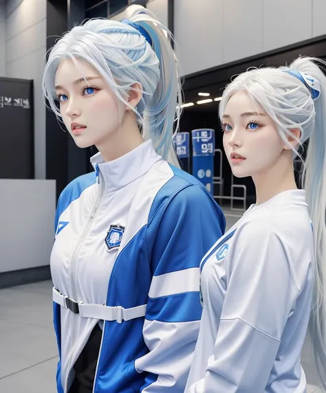 Female in her 20s, Korean, (Perfect face), The jawline is clear, Beautiful lips, (Beautiful bright blue eyes), (white hair, Ponytail), (Perfect anatomical structure), (Athlete&#39;s physique), (Sexy), (Perfect hands), (Complex geometric white bulletproof v...