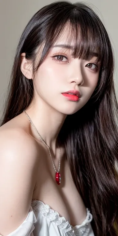 Canon RF 85mmf/1.2,masutepiece,Best Quality,超A high resolution,tu,1 girl,(Korean mixed,Kpop Idol:1.2),Solo,white_shiny_skin,Black eyes,Necklace,brown_long_Wavy_hair,Red lipstick bright_shiny_Lips,Eyelashes,Bangs,deal,make - up,shiny,Pore,skin texture,Brace...