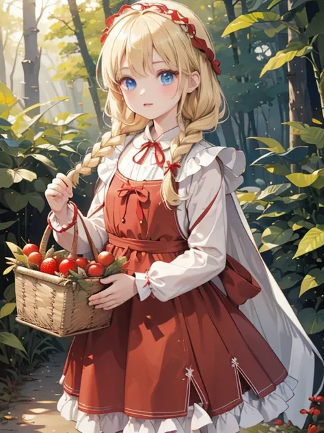 masterpiece, highest quality, Very detailed, 16k, Ultra-high resolution, 8-year-old girl, Little Red Riding Hood, Detailed face, blue eyes, Blonde, Braid, Red dress, White apron, (Red hood on head:1.2), Woven grass basket, Fruit in the basket, in the fores...