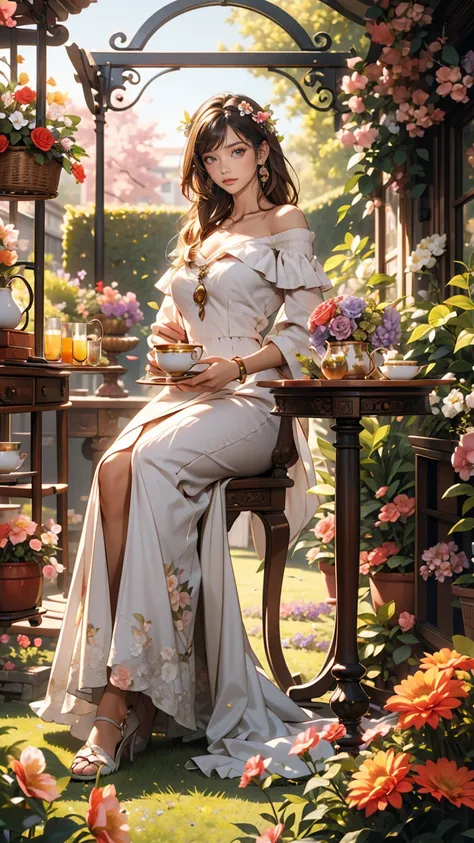 25-year-old Caucasian female、Wear an off-the-shoulder dress、smile、Nice proportions、In a garden full of colorful flowers、There is an arch decorated with flowers、Sit at a table and enjoy tea time