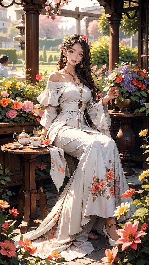 25-year-old Caucasian female、Wear an off-the-shoulder dress、smile、Nice proportions、In a garden full of colorful flowers、There is an arch decorated with flowers、Sit at a table and enjoy tea time