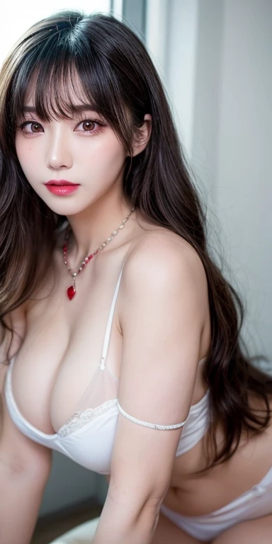 Canon RF 85mmf/1.2,masutepiece,Best Quality,超A high resolution,tu,1 girl,(Korean mixed,Kpop Idol:1.2),Solo,white_shiny_skin,Black eyes,Necklace,brown_long_Wavy_hair,Red lipstick bright_shiny_Lips,Eyelashes,Bangs,deal,make - up,shiny,Pore,skin texture,Brace...