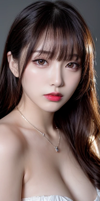 Canon RF 85mmf/1.2,masutepiece,Best Quality,超A high resolution,tu,1 girl,(Korean mixed,Kpop Idol:1.2),Solo,white_shiny_skin,Black eyes,Necklace,brown_long_Wavy_hair,Red lipstick bright_shiny_Lips,Eyelashes,Bangs,deal,make - up,shiny,Pore,skin texture,Brace...