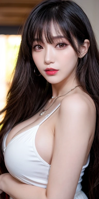 Canon RF 85mmf/1.2,masutepiece,Best Quality,超A high resolution,tu,1 girl,(Korean mixed,Kpop Idol:1.2),Solo,white_shiny_skin,Black eyes,Necklace,brown_long_Wavy_hair,Red lipstick bright_shiny_Lips,Eyelashes,Bangs,deal,make - up,shiny,Pore,skin texture,Brace...