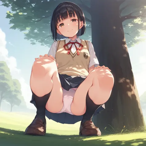 score_9, score_8_up, score_7_up, source_anime, 1girl, solo, tareme, brown eyes, black hair, blunt bangs bob cut, school_uniform, sweater vest, skirt, shoes, neck ribbon, squatting, seductive smile, panties, looking at viewer, from below, field, dappled sun...