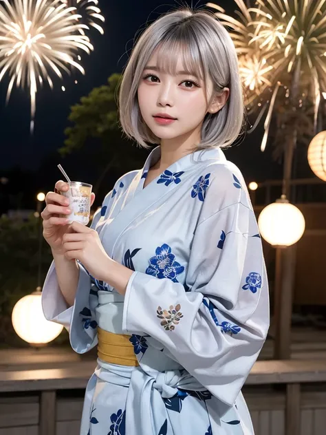 festival,firework, highest quality, shape, Very detailed, finely, High resolution, 8k wallpaper, 完璧なダイナミックな構shape, finelyて美しい目,  Natural Lip,yukata,Japanese,1 person,Silver Hair,Silver Hair,Long Hair