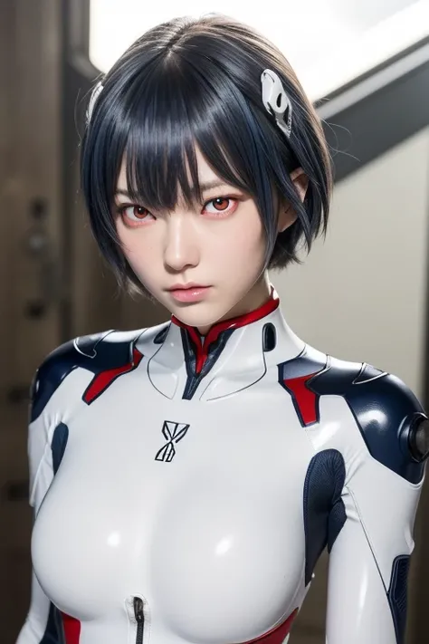 (masterpiece:1.2), highest quality, (Beautiful details:1.6), Highly detailed photos, (Perfect hands, Perfect Anatomy), Natural light, 
rei ayanami, One Girl, Navy Blue Hair, Smooth Hair, fine hair, short hair, (Red Eyes:1.6), 
bodysuit, Separate headgear f...