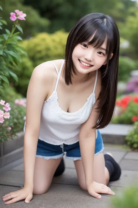 masterpiece, highest quality,(12 year old Japan girl:1.5),(I feel like crying:1.3) ,garden,Focus from behind,Face facing the viewer,(middle School girls,(flowerの髪飾り:1.3),Loose-fitting tank top,Shorts,Brown eyes,(small:1.7),(Smooth straight hair:1.5),(Slend...