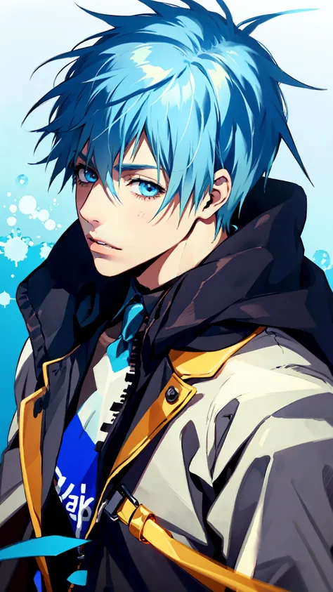 ((highest quality, super detailed,detailed eyes:1.3)),(((total 1 boy:1.2))),(cool face:1.3),light blue hair,short,hair,light blu...