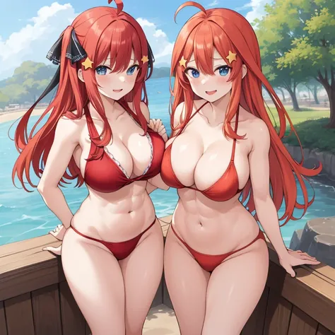 2d, masterpiece, best quality, anime, highly detailed, 5 girl, photo of 5 girl, quintuplets, nakano itsuki, red hair, long hair, star hair ornament, ahoge, large breasts, spa, red bikini, outdoors, smile, sexy body, perfect body, abs muscular, belly button...