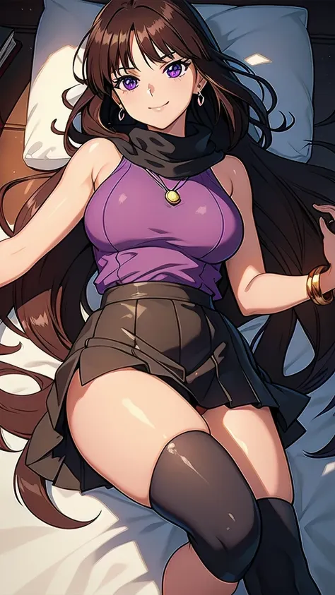 masterpiece, best quality, 1 solo girl, dark brown hair, purple eyes, long hair, medium breasts, sexy body and face, wavy hair, smile, sleeveless shirt, scarf, black thigh-high, mini skirt, pendant, bracelet, jewelry, earrings, feather hair ornament, book,...