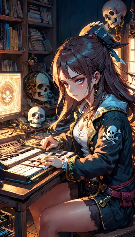 a girl pirate sitting at a desk, ostensibly working on a electronic music instrument, with multiple copies of him working on different tasks, a ghostly figure of the same person appears slightly faded  Representative, Rich in details High quality, glamorou...