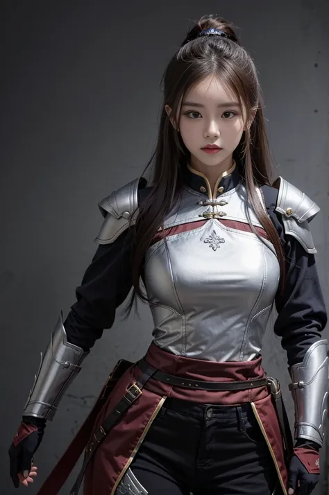 Chinese female general，Hua Mulan，Leather armor lined with reddish brown tabard，Battlefield Background，silver helmet