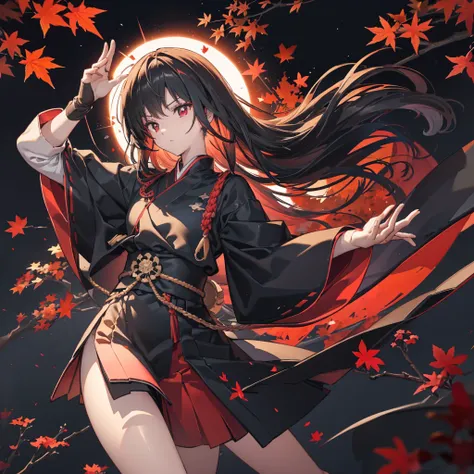 ((blackい髪　long hair　black　military commander　one person　lonely　red flag　eye patch))　((night　japanese style　old　shining aura))　(d...