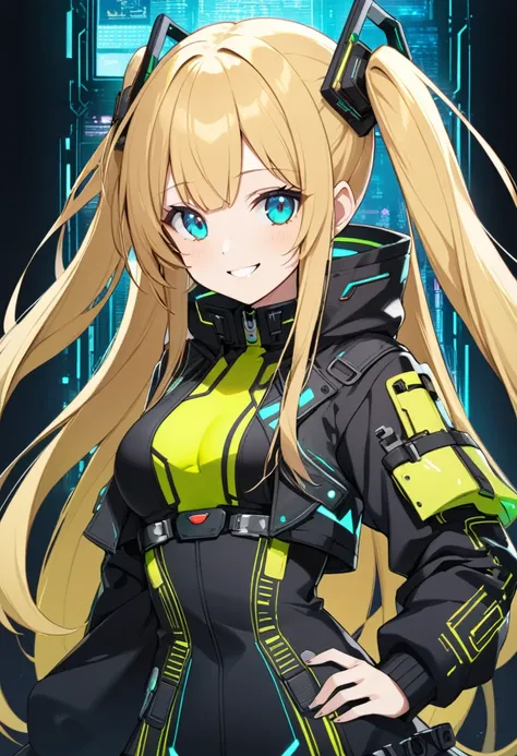 1girl,two side up,long hair,blonde hair,medium breasts,fusion of glowing cyberpunk jacket and gothic lolita,turquoise eyes,tareme,smile,