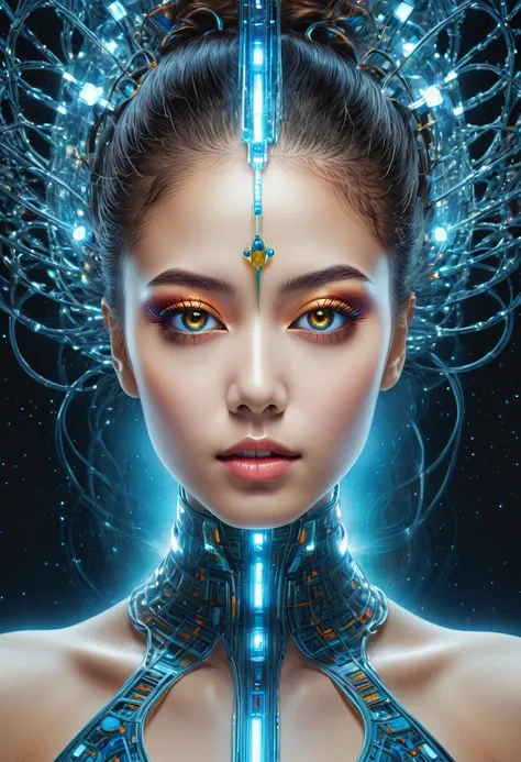 ai inner data mind process workings relation to love 8k, glass, A glass-like alien floral monument bioluminescence , humanoid structure entangled in a star light back ground, is displayed in out realms, stary background, its intricate details and vibrant c...