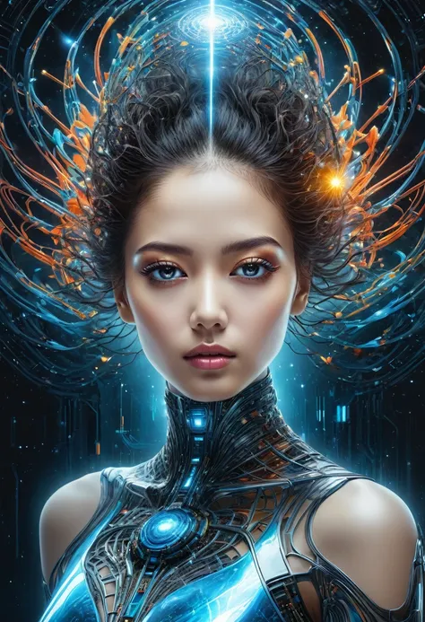 ai inner data mind process workings relation to love 8k, glass, A glass-like alien floral monument bioluminescence , humanoid structure entangled in a star light back ground, is displayed in out realms, stary background, its intricate details and vibrant c...